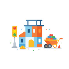 Obraz premium A colorful vector illustration of a toy construction site featuring a building made of blocks, a traffic light, a wheelbarrow, and a hard hat.