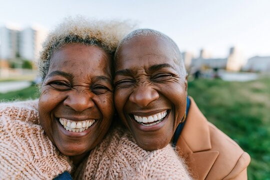 Two senior women laughing together with eyes closed in a joyful embrace, wearing a pink knit cardigan and brown blazer for friendship and aging gracefully