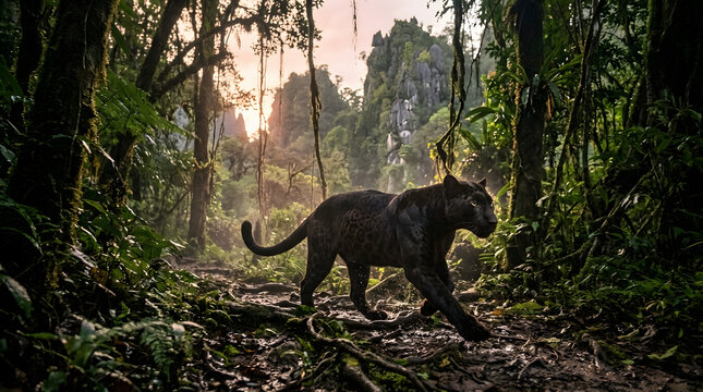 melanistic javan leopard running on karst area rain forest