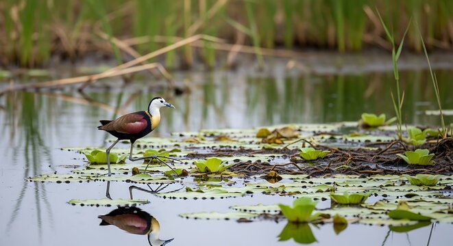 African jacana walking on green water lily pads in a natural wetland pond with reflections