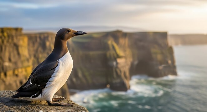 Common Murre Bird Standing on High Coastal Cliffs Overlooking the Ocean at Sunset