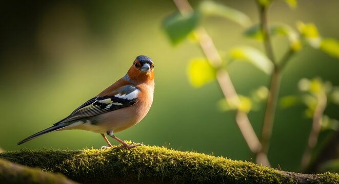 A colorful chaffinch bird perched on a mossy branch in a sunlit forest, wildlife photography
