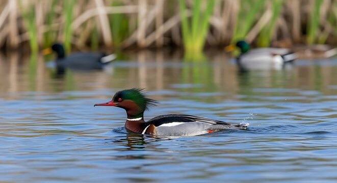 A captivating moment in bird photography, showcasing a vibrant common merganser duck gracefully swimming in its natural wetland habitat with other waterfowl present