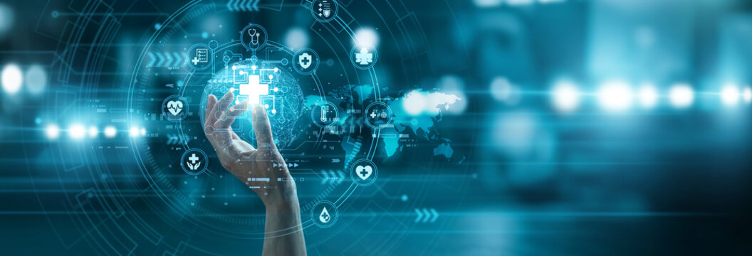 Doctor hand hold smart HEALTHTECH icon monitoring global patient records medical diagnostics. Advanced healthcare software solutions for digital wellness and clinic management.