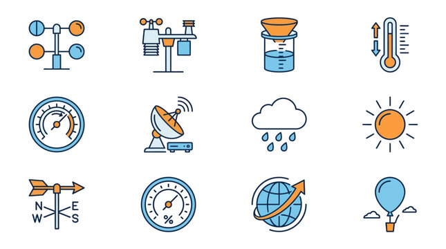 Creative Colorful Icons Set Featuring Weather Instruments and Science Tools with Minimalist Design