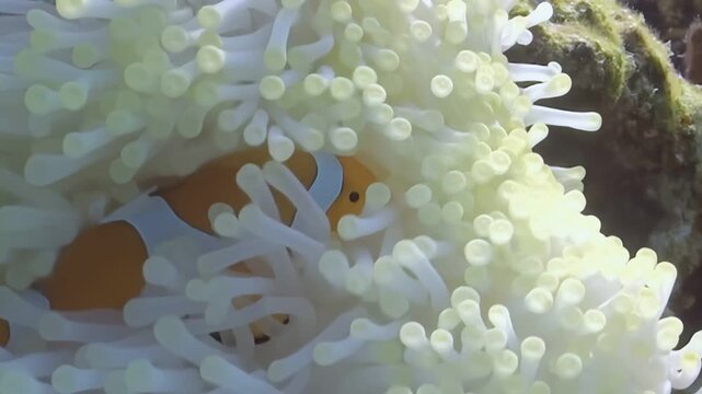 Witness the symbiotic dance between a striking Clownfish and its host, a beautiful, swaying Anemone. The vibrant life under the waves in Raja Ampat, Indonesia.