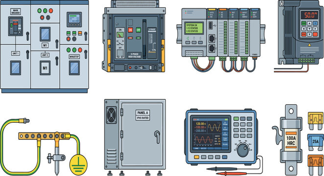 Industrial Electrical Control Equipment Set with PLC Panels Breakers Grounding and Testing Instruments