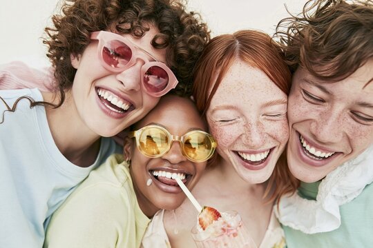 A group of diverse friends laughing and posing close together with a fruity drink for a joyful lifestyle and fashion campaign