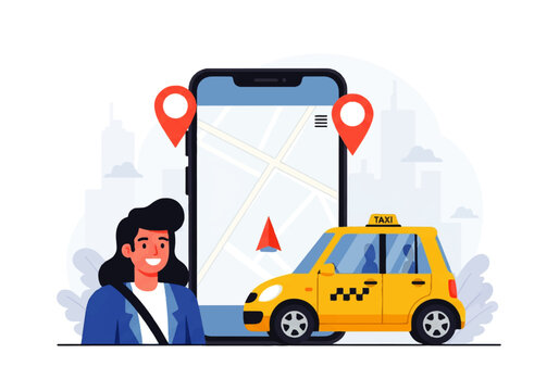 Woman Using Taxi Navigation App with Yellow Taxi Vector Illustration