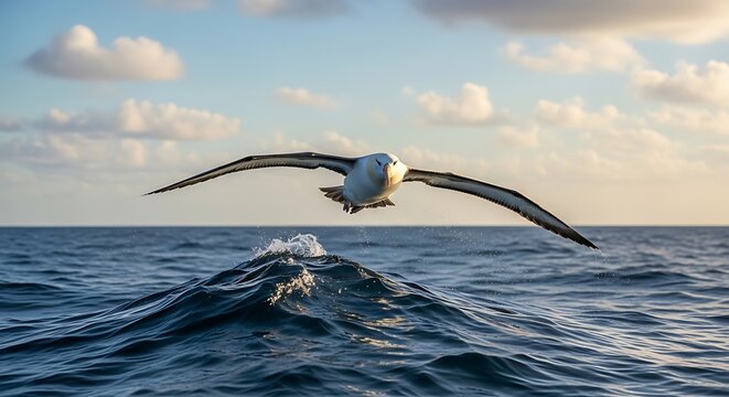 Majestic albatross gliding low over the ocean waves during a golden sunset, showcasing its impressive wingspan in the open sea