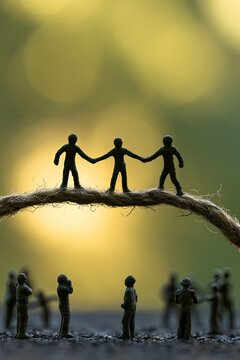 Miniature figures balancing on a rope bridge, a group watches below