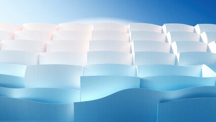 Obraz premium Abstract landscape. Layered paper forms create undulating terrain. Soft blue, white hues dominate composition. Minimalist, modern aesthetic.