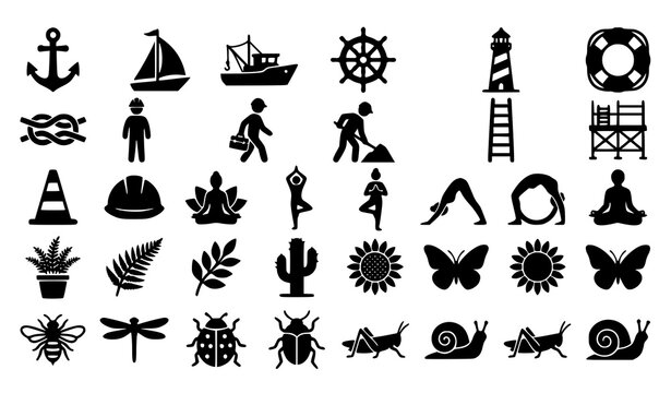 Black silhouette icon set featuring nautical construction yoga plants and insects for versatile design projects isolated on white background