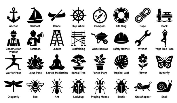 Modern silhouette icon collection with nautical symbols construction workers yoga poses plants and insects isolated on white background