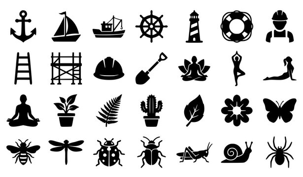 Minimal black silhouette vector icon set featuring nautical themes construction yoga plants and insects isolated on white background