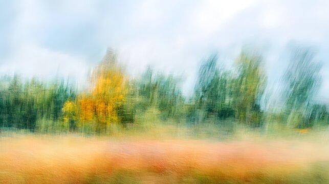Abstract Impressionist Autumn Landscape with Motion Blur and Textured Glass Effect Background