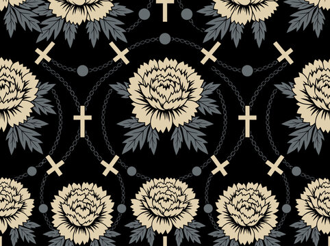 Seamless Gothic Pattern with Peonies, Gold Crosses, and Chains