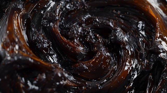 Close-up Abstract Texture of Thick Dark Glossy Industrial Grease or Viscous Resin with Swirls