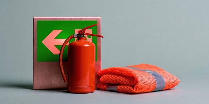 Red fire extinguisher and green exit sign alongside a folded reflective vest on a gray background for industrial safety and workspace regulation