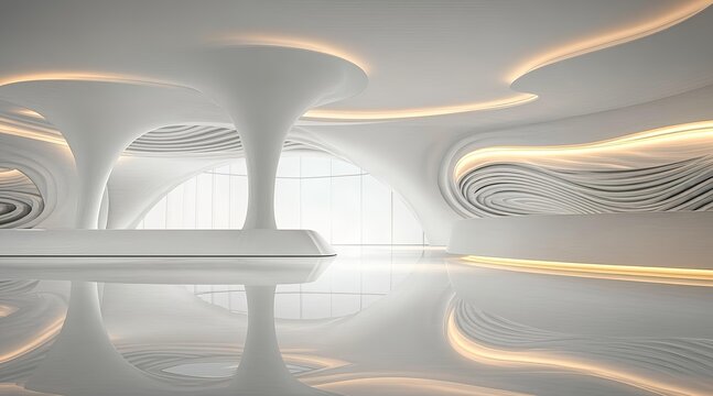 Futuristic white interior space with modern parametric design and glowing illumination