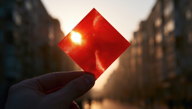 Sunset filters through a red diamond-shaped film held up by a hand