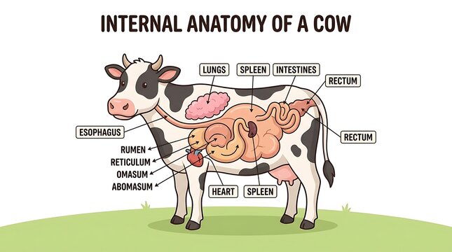 Educational internal anatomy diagram of a cow with internal, veterinary