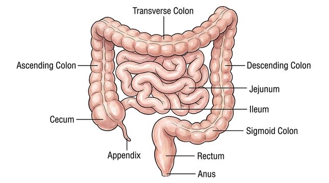 Detailed anatomical illustration of the human large and small intestine