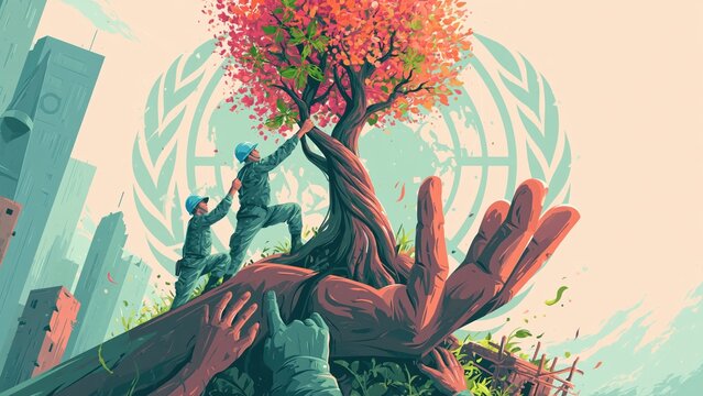 Soldiers supporting giant hand planting bright red tree with UN logo background.