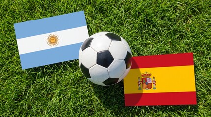 Fototapeta premium Argentina vs Spain Soccer Match Concept with Flags on Green Grass