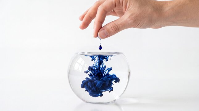 A hand releases a drop of rich blue ink into a clear glass bowl of water, creating a billowing underwater cloud. It conveys the graceful, chaotic beauty of fluid dynamics.