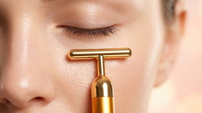 Close up of woman using gold T-bar facial massager tool for anti-aging skin care and lymphatic drainage