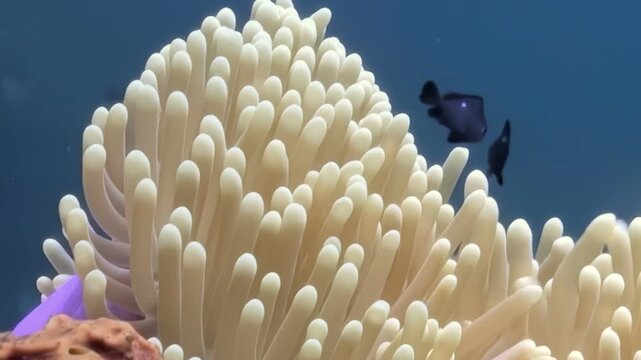 Observe the beauty of a Rose anemonefish gracefully swimming near an anemone. Glimpse the captivating marine life flourishing within this underwater garden.