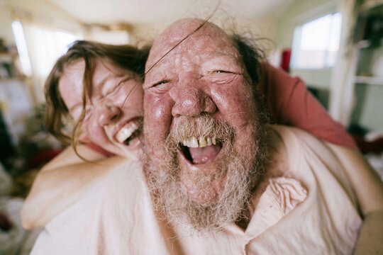 Joyful senior man with a beard laughing during a warm hug from his adult daughter, showing authentic skin texture and natural emotion for family bonding