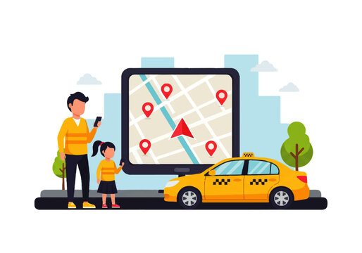 Family Booking Taxi with GPS Navigation Mobile App Vector Illustration