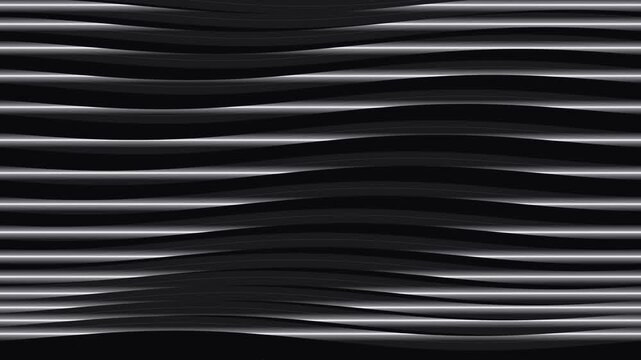 Wavy metallic silver lines undulate across solid black background