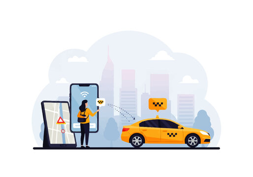 Customer Waiting for Taxi Pickup with Mobile Navigation Vector Illustration