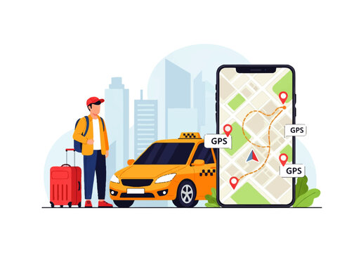 Taxi Driver Using GPS Navigation Mobile App Vector Illustration