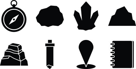 Outdoor Adventure Silhouette Icons Set with Compass Mountain Crystal and Navigation Symbols © Best Choice