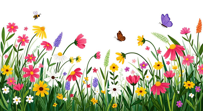 Vibrant meadow with diverse colorful flowers and flying insects nature butterfly
