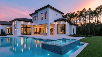 Fototapeta premium Modern luxury home with infinity pool at dusk, surrounded by manicured lawn and trees
