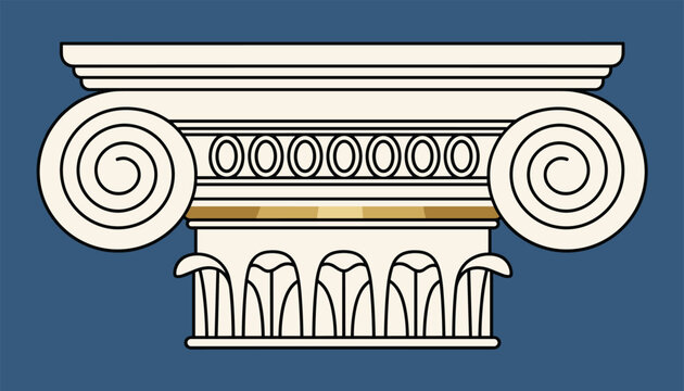 Detailed illustration of classical ionic column capital with scrolls and decorative elements on blue background for architecture.