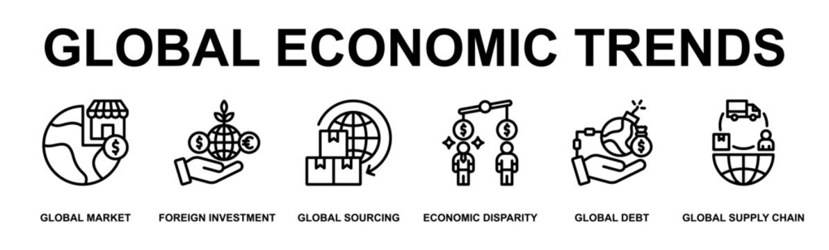 Global Economic Trends Banner Web Outline Icon Vector Illustration Concept for Business with Icons of al Market, Foreign Investment, Global Sourcing, Economic Disparity, Global Debt