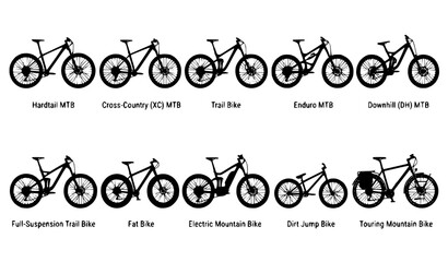 Fototapeta premium Mountain Bicycle Black Silhouette Vector Icon Set