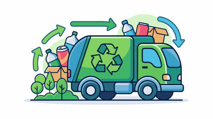 Fototapeta premium Green recycling truck collecting waste with arrows indicating a cycle