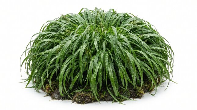 Lush green sedge grass plant dome with dewy water droplets for natural home decor with rounded dome cascading blades