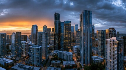 Obraz premium Panoramic urban skyline at twilight with glowing office towers and a dramatic orange horizon for real estate and city identity branding