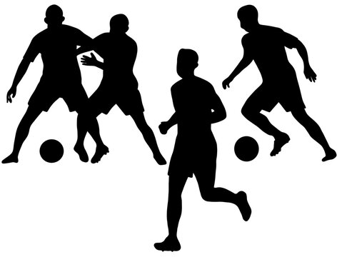 Football Athlete Silhouette Collection with Ball and Dynamic Movement.Sport Player Silhouette Bundle Soccer Training and Competition.Soccer Player Silhouettes Set in Running and Kicking Action Poses. 