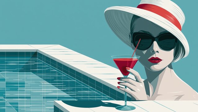 Elegant woman in white sun hat holding red cocktail next to blue swimming pool.