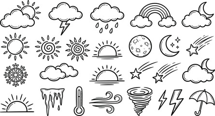 Hand Drawn Weather Icon Set with Doodle Style Sun Clouds Rain Snowflake Rainbow and Moon Symbols for Forecast Layouts and Calendars © PUTUL