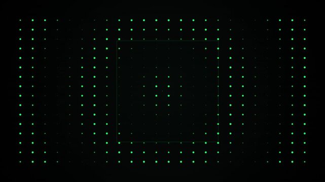 Green grid dots forming a rectangular outline on black background with glowing nodes